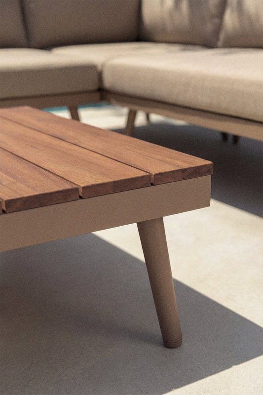 Conjunto de jardín con sofá esquinero de 5 plazas y mesa de centro en aluminio y madera de acacia Kalen